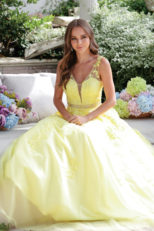 Prom Dresses Ball Gown Long Formal Floral Prom Dress Yellow