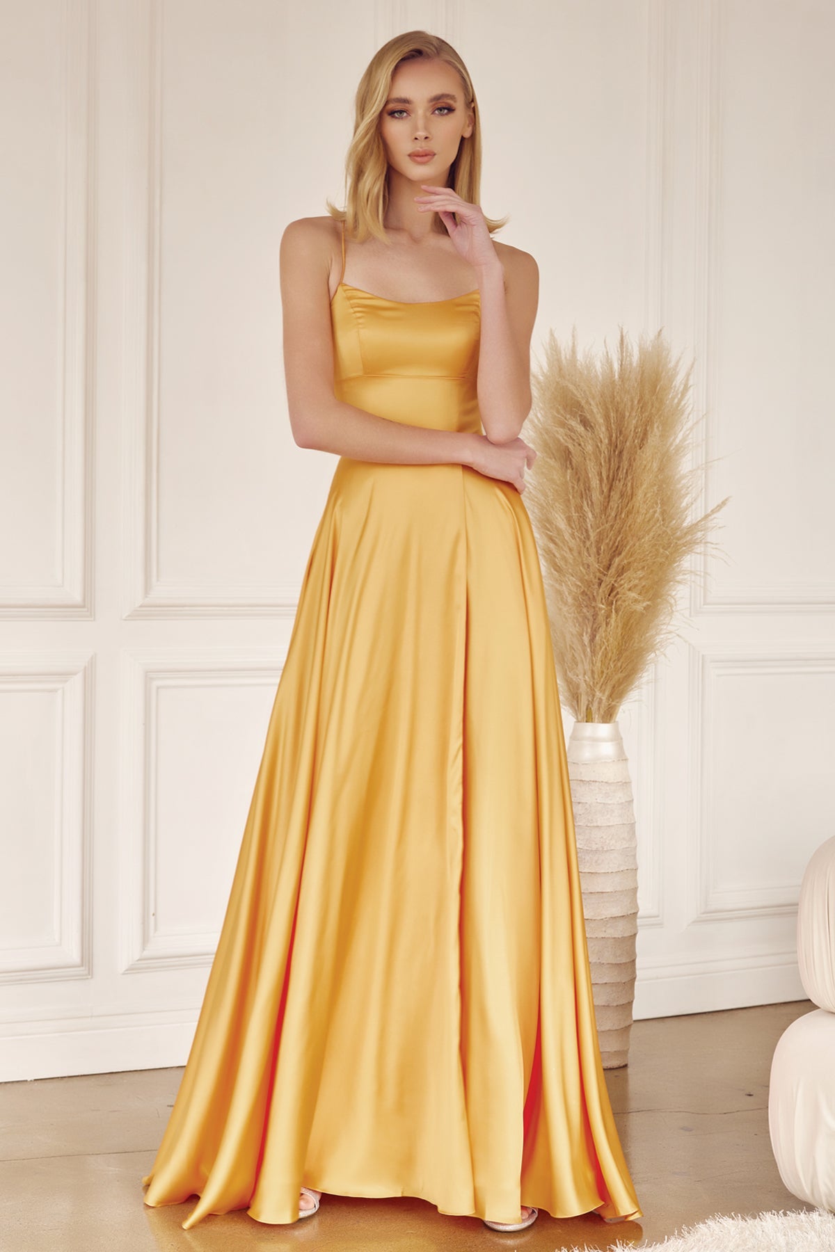 Prom Dresses Long A Line Formal Slit Prom Dress Yellow Gold