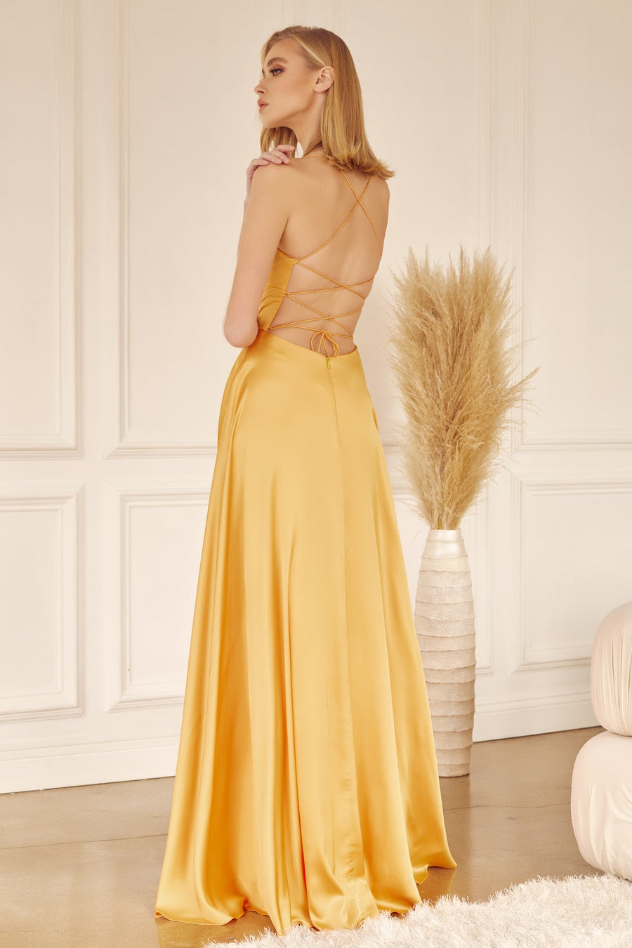 Prom Dresses Long A Line Formal Slit Prom Dress Yellow Gold