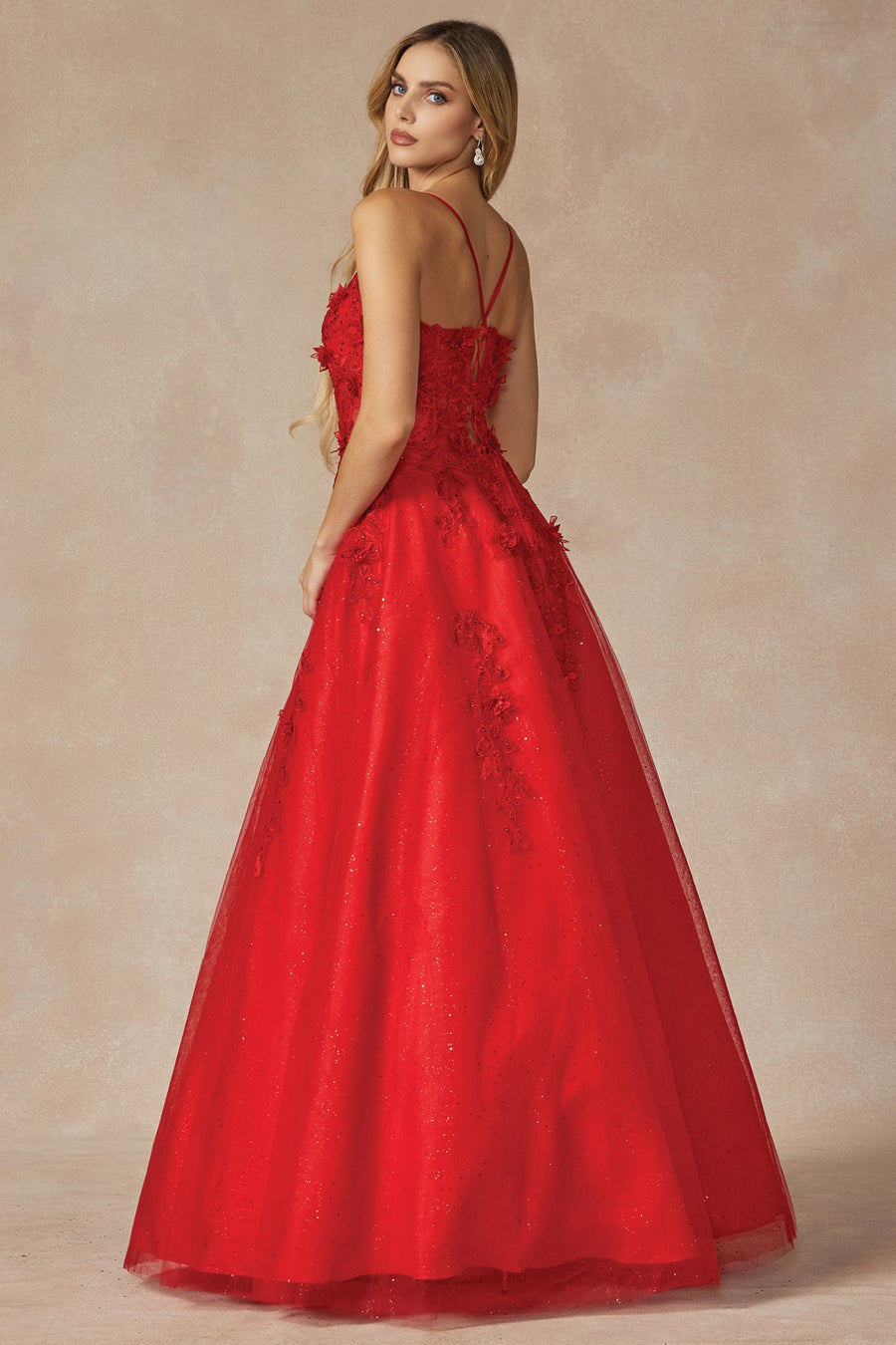 Prom Dresses Long Formal 3D Floral Applique Glitter Prom Dress Red