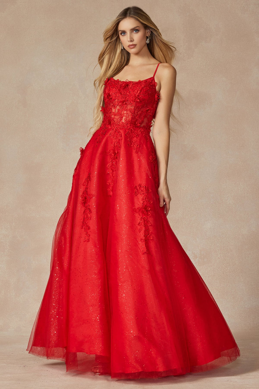 Prom Dresses Long Formal 3D Floral Applique Glitter Prom Dress Red