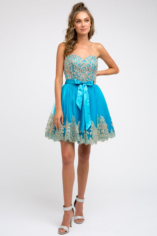 Cocktail Dresses Homecoming Beaded Mini Cocktail Dress Cyan Blue/Gold