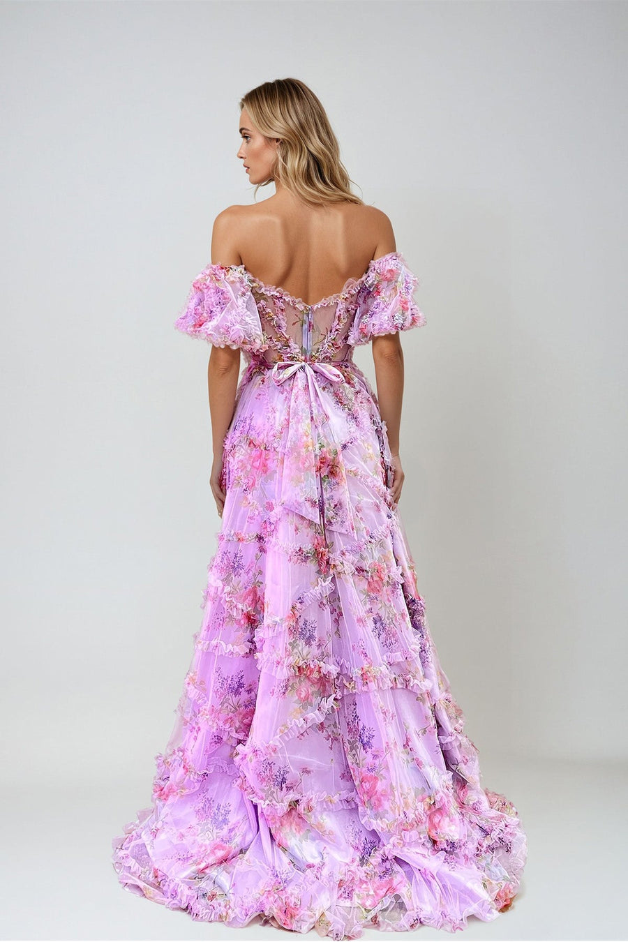 Prom Dresses A Line Long Formal Printed Ruffle Prom Dress  Lilac