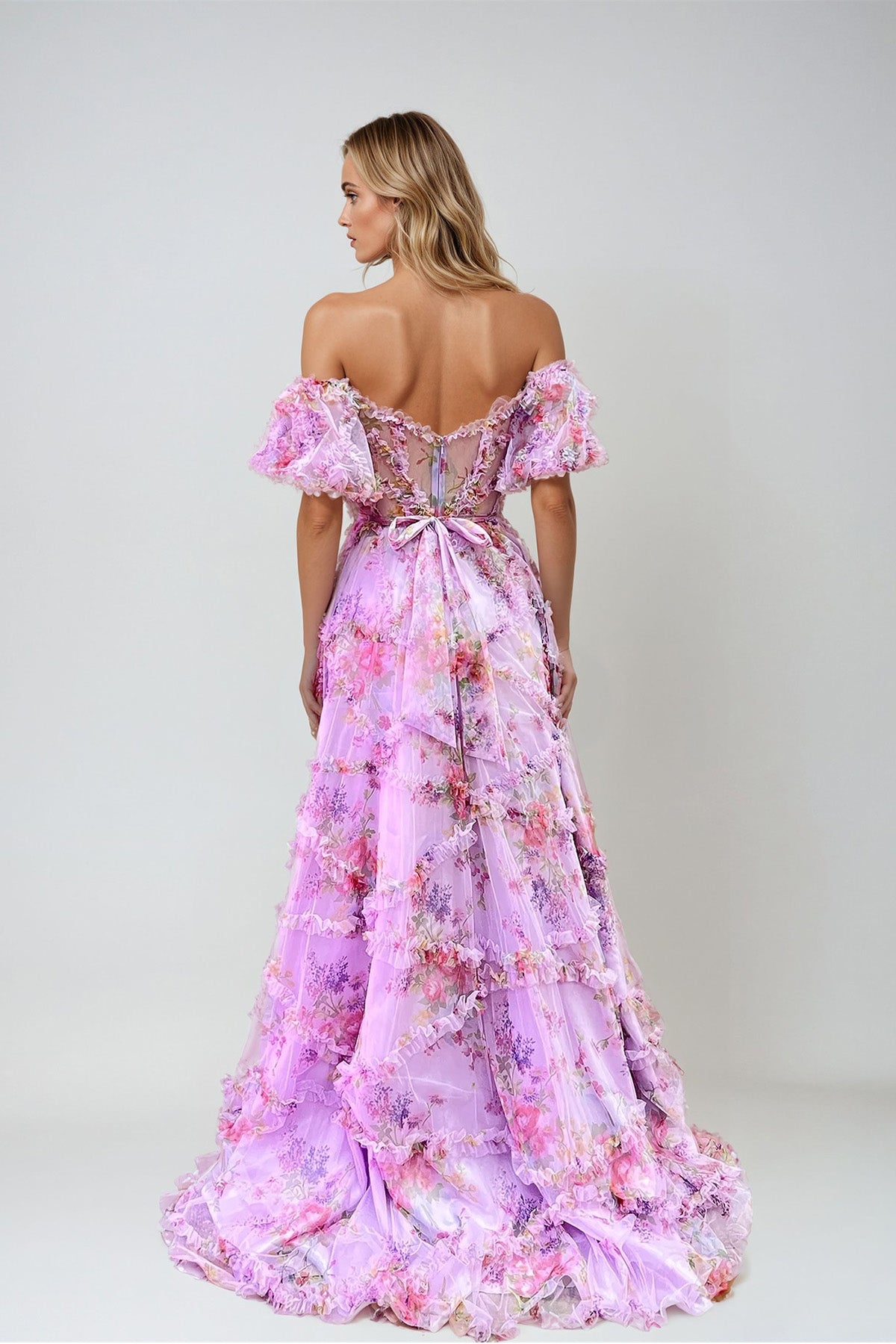 Prom Dresses A Line Long Formal Printed Ruffle Prom Dress  Lilac