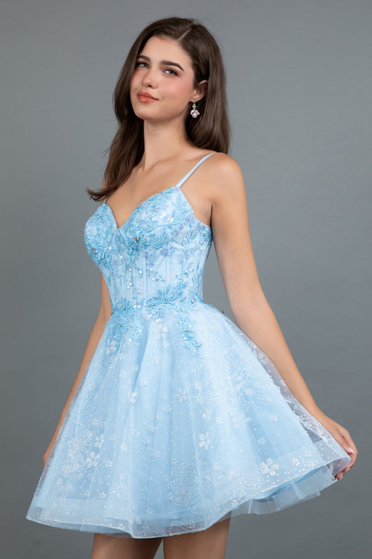 Cocktail Dresses A Line Short Cocktail Floral Glitter Dress Bahama Blue