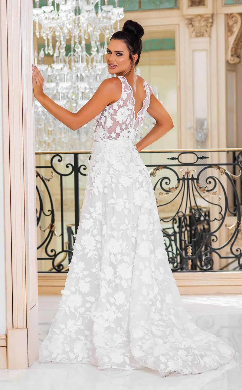 Wedding Dresses A Line Long 3D Lace Floral Wedding Dress White