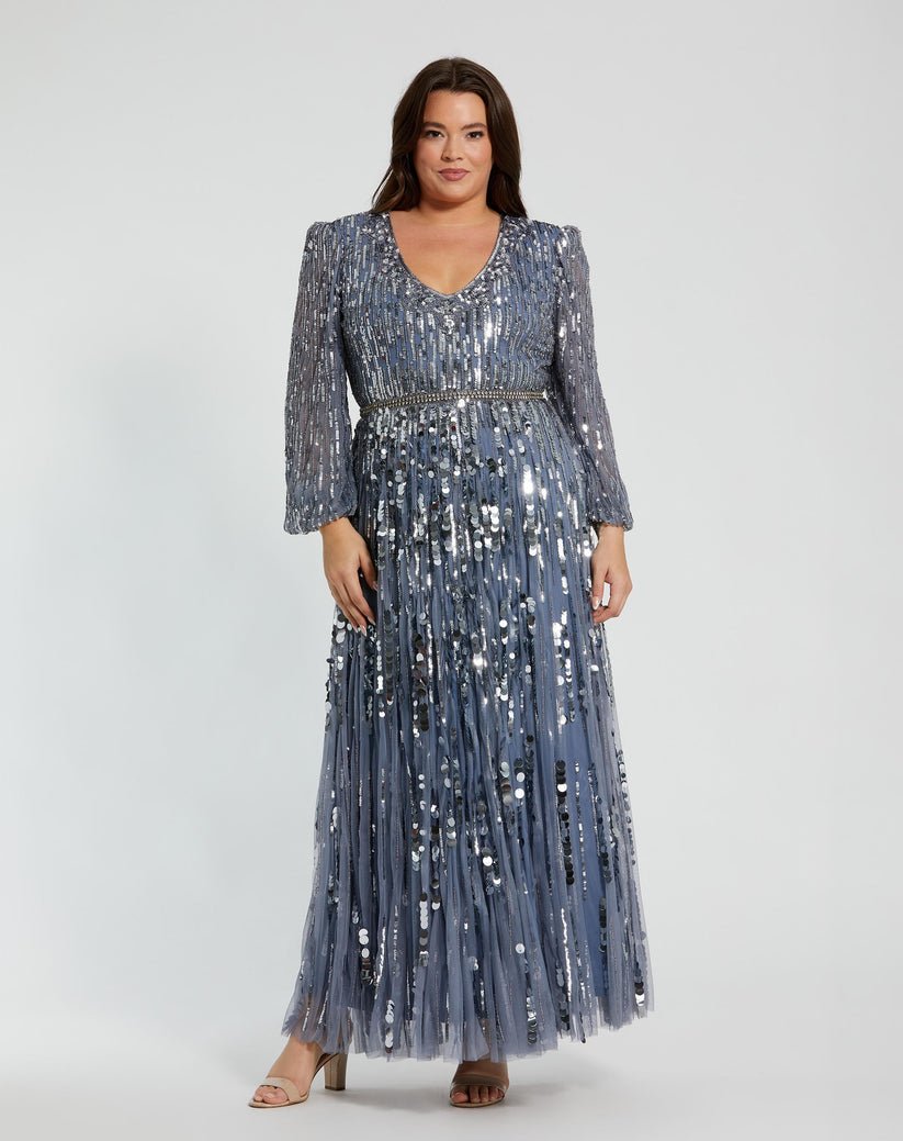 Plus Size Dresses Long Sleeve Formal Sequin Plus Size Dress Slate Blue