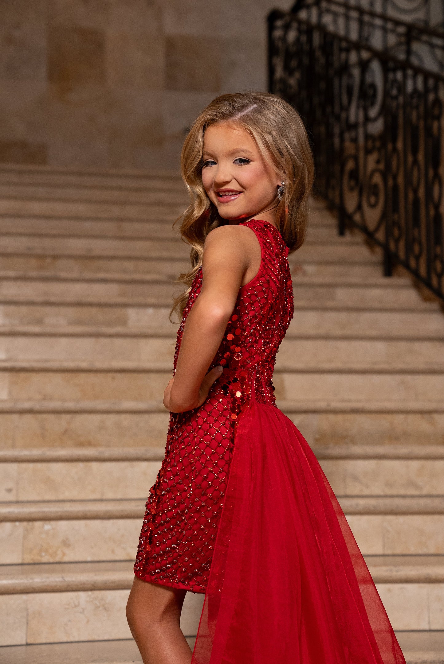 Girl Dresses Beaded Formal Little Girls Overskirt Romper Red