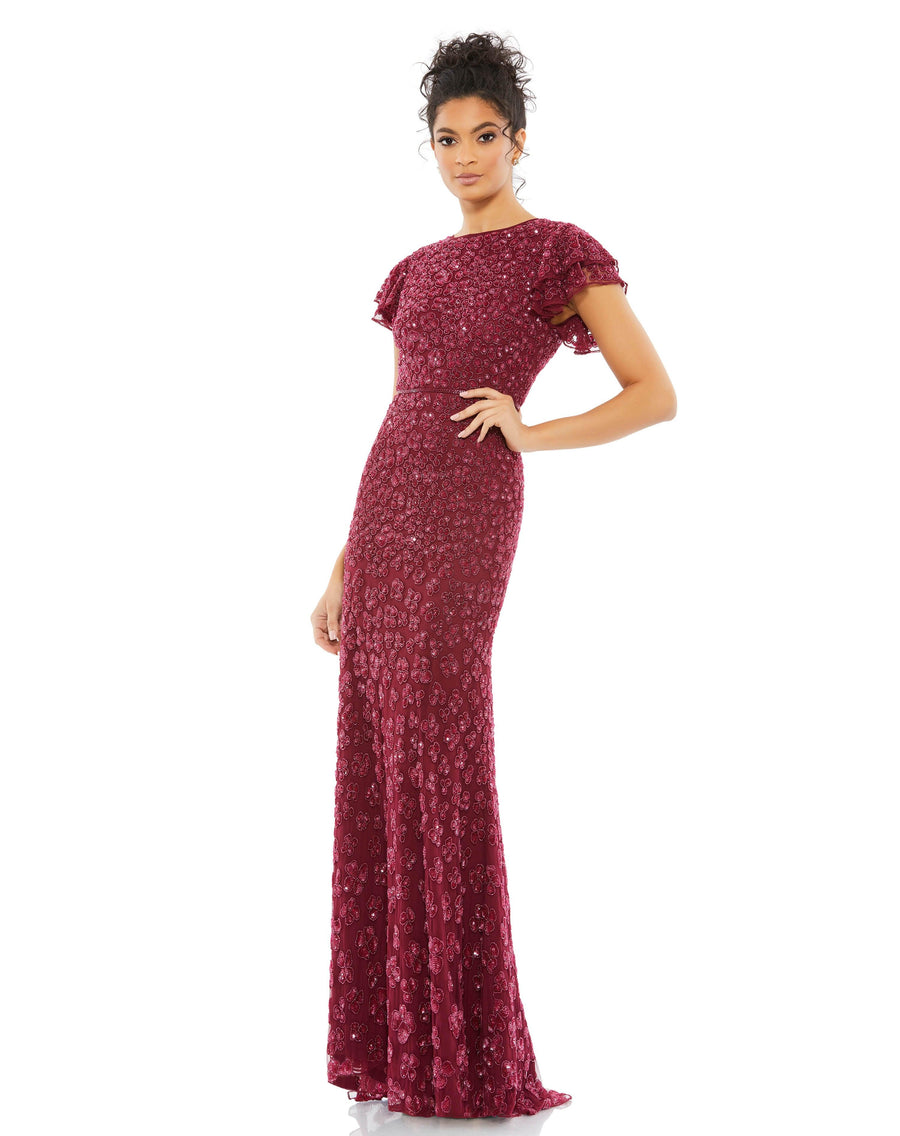 Mac Duggal 10748 Long Formal Ruffle Cap Sleeve Dress