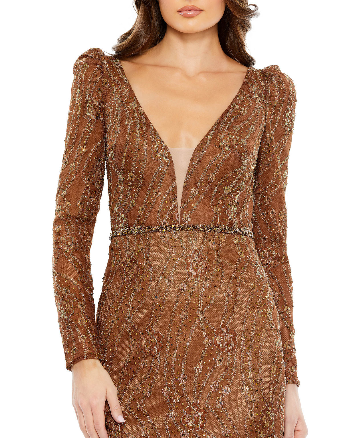 Formal Dresses Long Sleeve Fitted Beaded Formal Prom Dress Bronze
