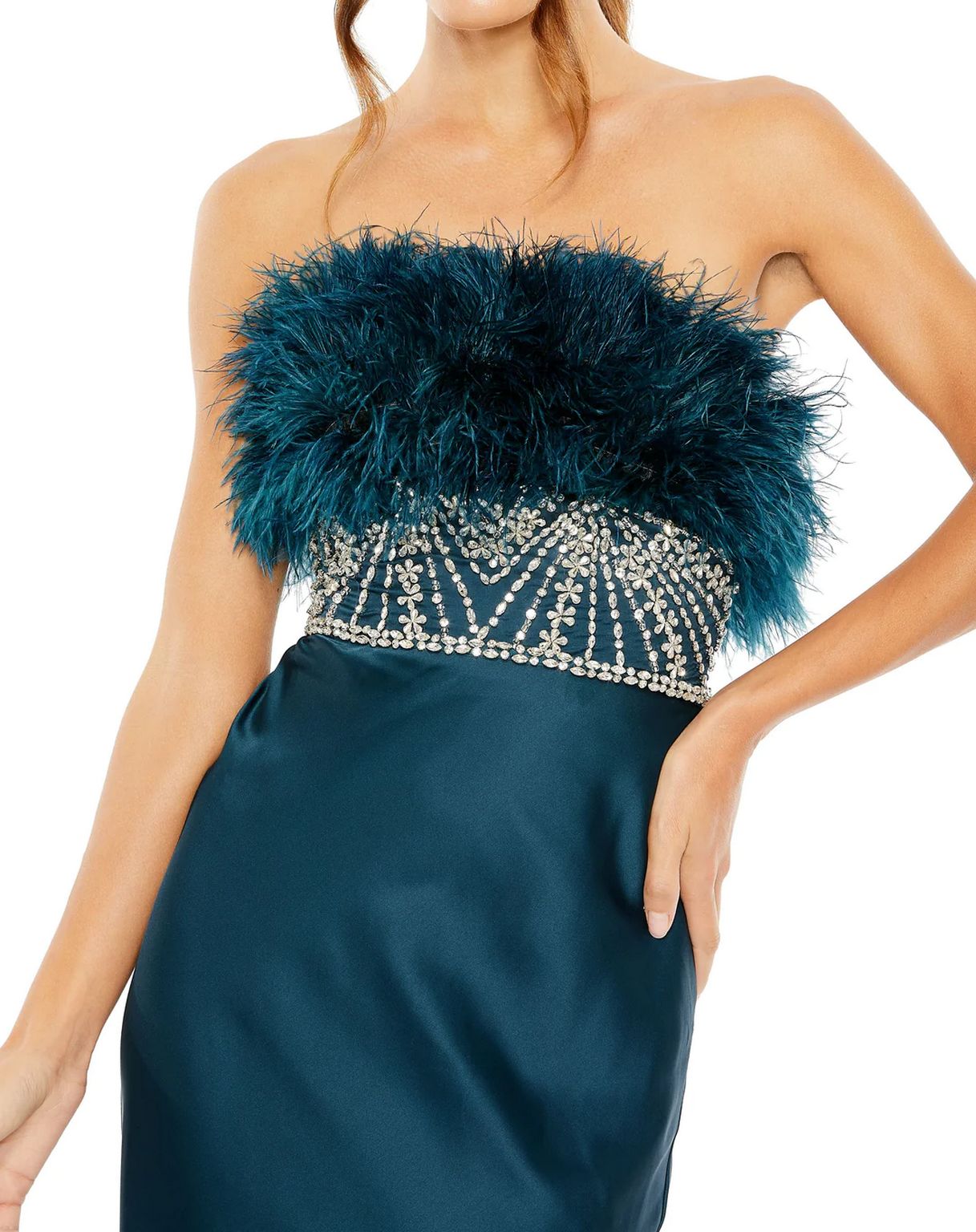 Formal Dresses Long Strapless Feather Rhinestone Detailed Dress Teal