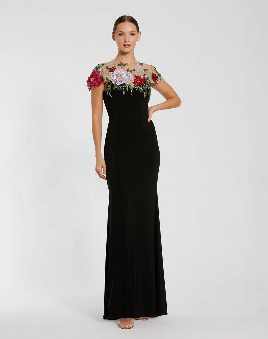 Formal Dresses Long Floral Fitted Formal Prom Dress Black Multi
