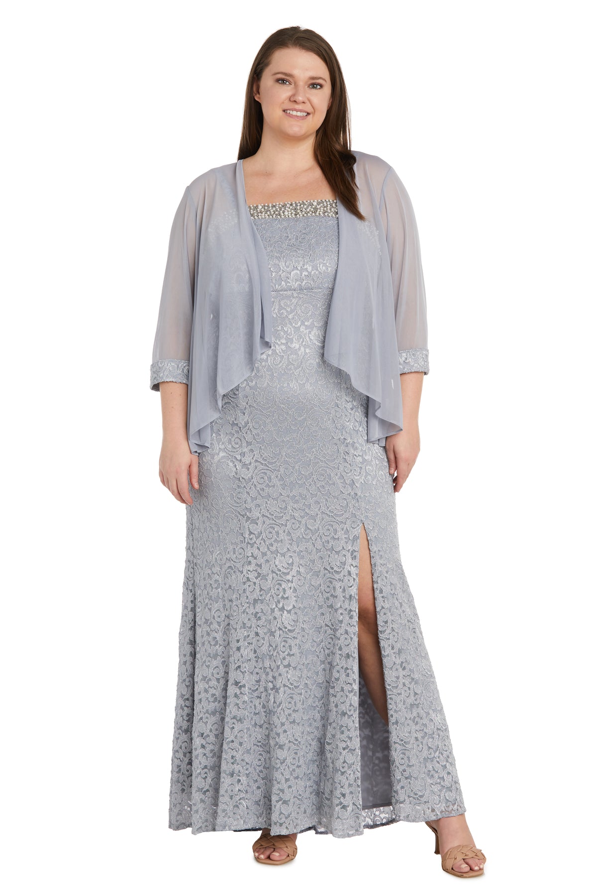 Plus Size Dresses Long Slit Lace Plus Size Dress Silver