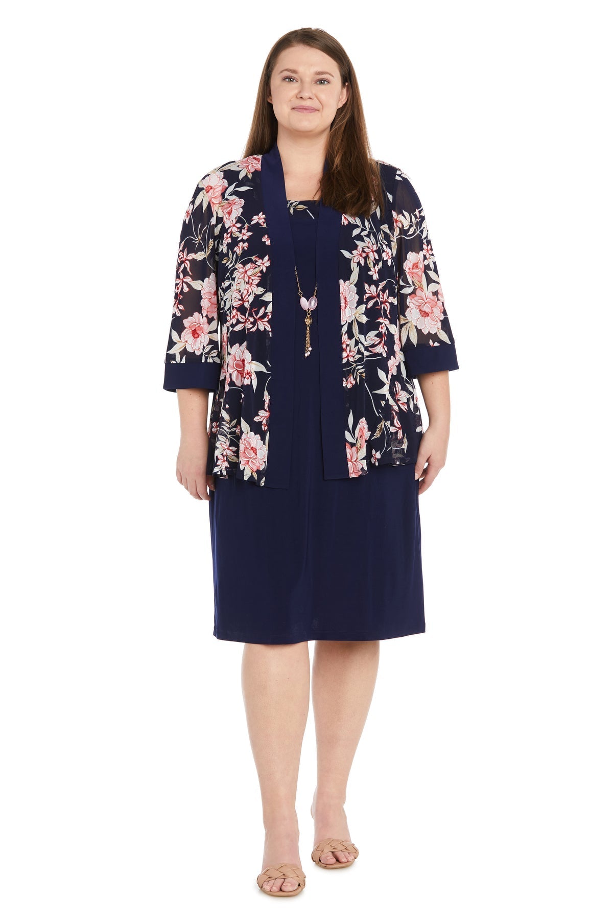 Plus Size Dresses Plus Size Short Printed Jacket Dress Navy/Coral