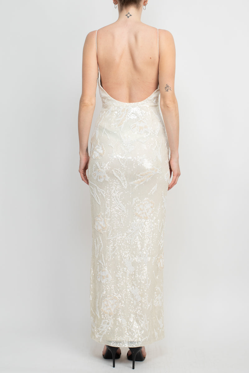 Formal Dresses Fitted Long Formal Slit Beaded Dress Ivory