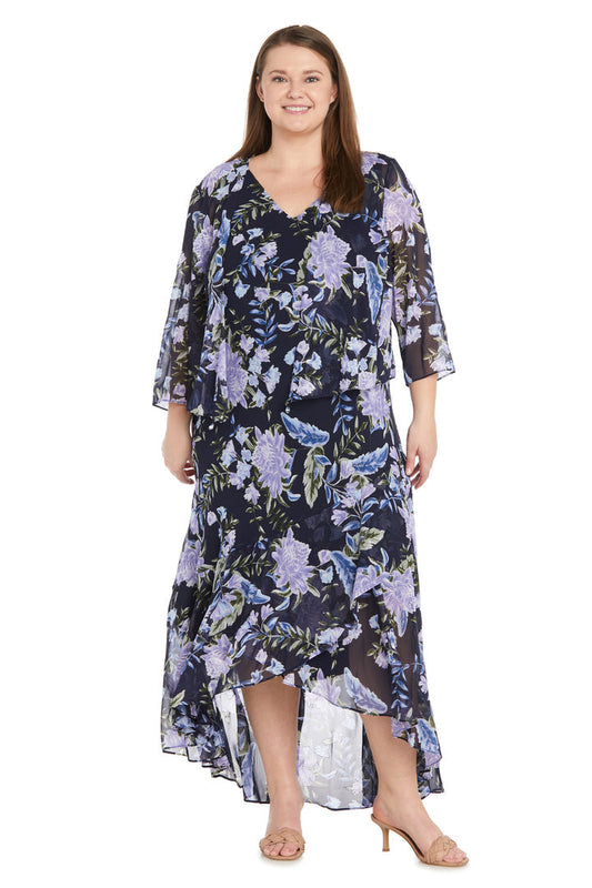 Plus Size Dresses High Low Printed Plus Size Mother of the Bride Jacket Dresses Navy/Silver