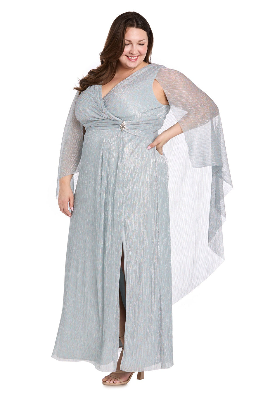 Plus Size Dresses Plus Size Long Formal Meatllic Cape Dress Sky