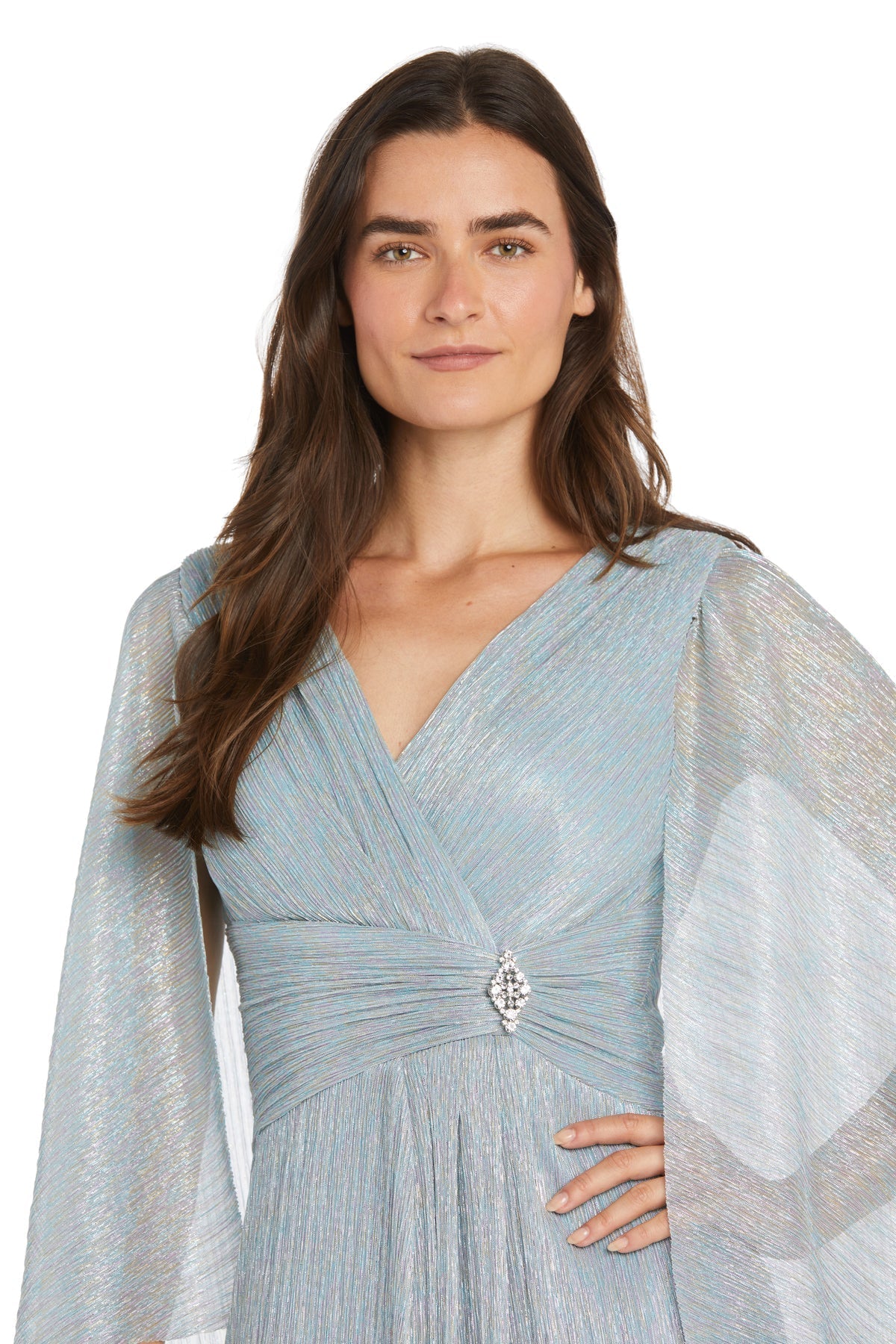 Formal Dresses Long Formal Metallic Cape Evening Dress Sky