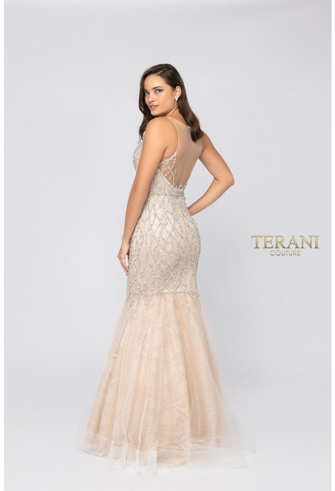 Prom Dresses Beaded Long Mermaid Formal Prom Dress Ivory Nude