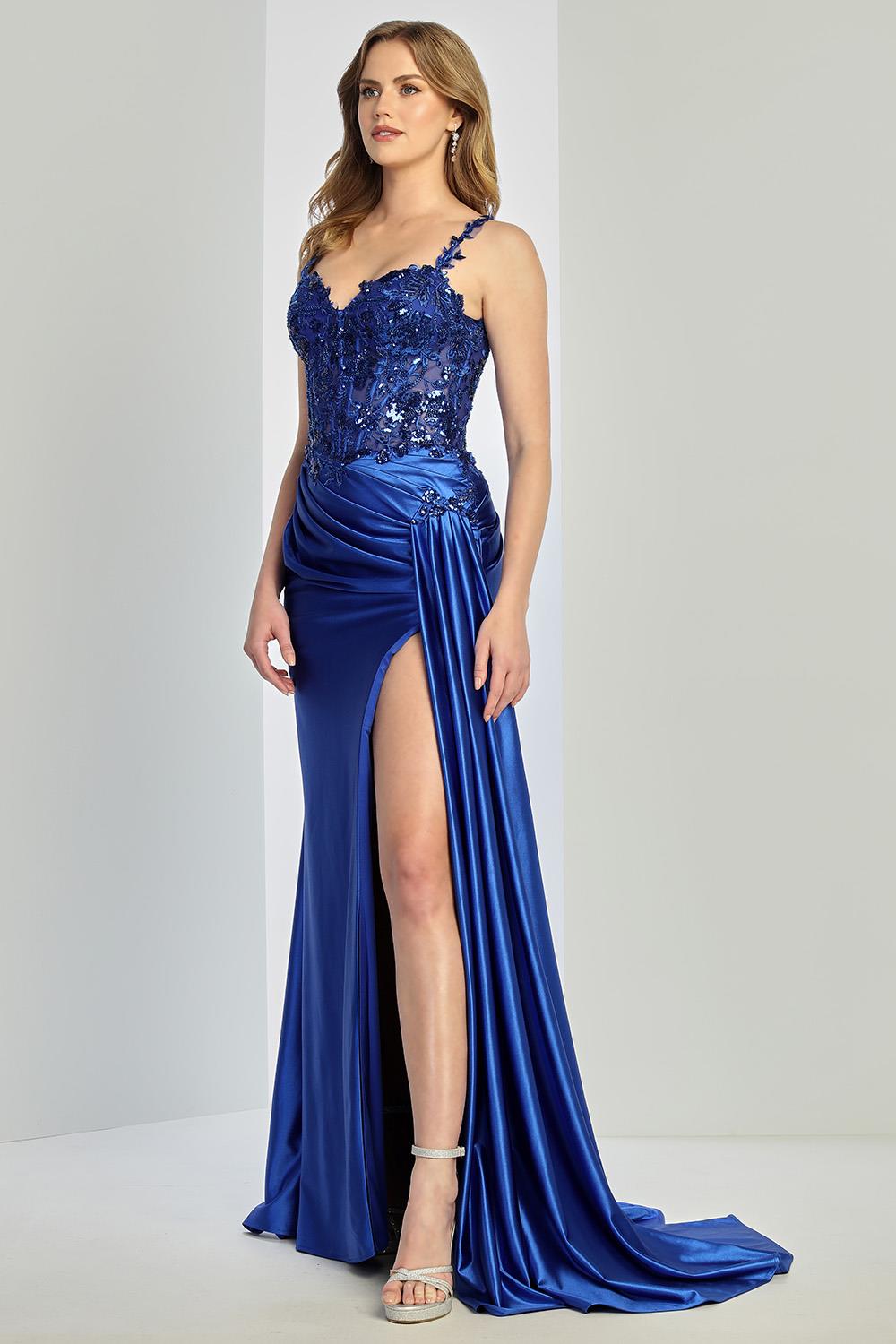 Prom Dresses Pleated Applique Long Formal Slit Prom Dress Royal Blue