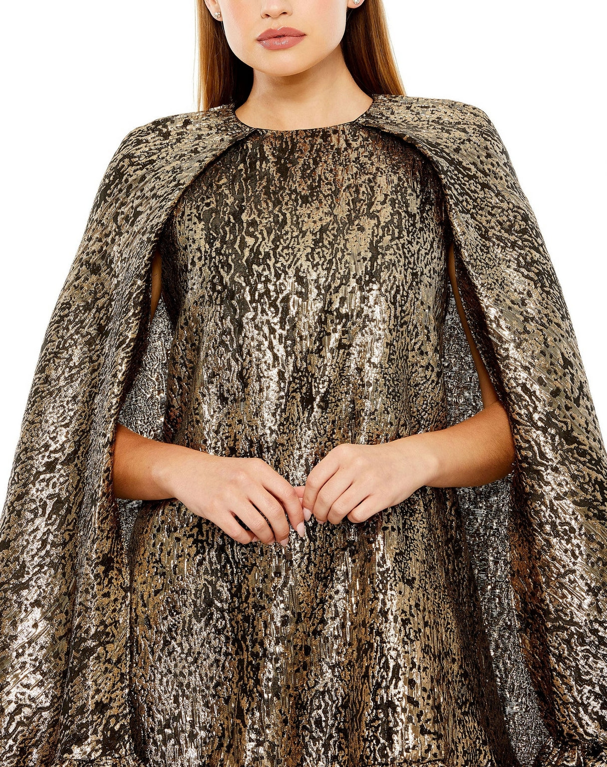 Cocktail Dresses High Neck Cape Sleeve Metallic Trapeze Short dress Bronze
