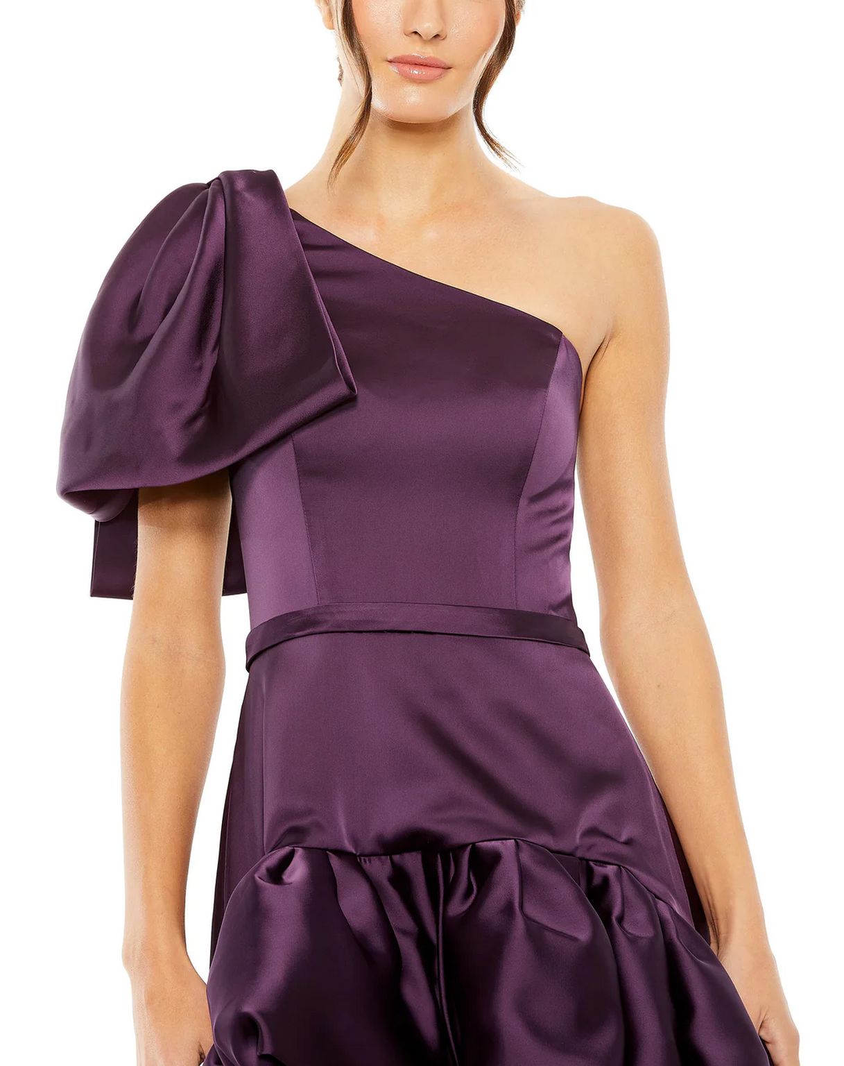Formal Dresses Long One Shoulder Sleeve Full High Low Pockets Dress Aubergine