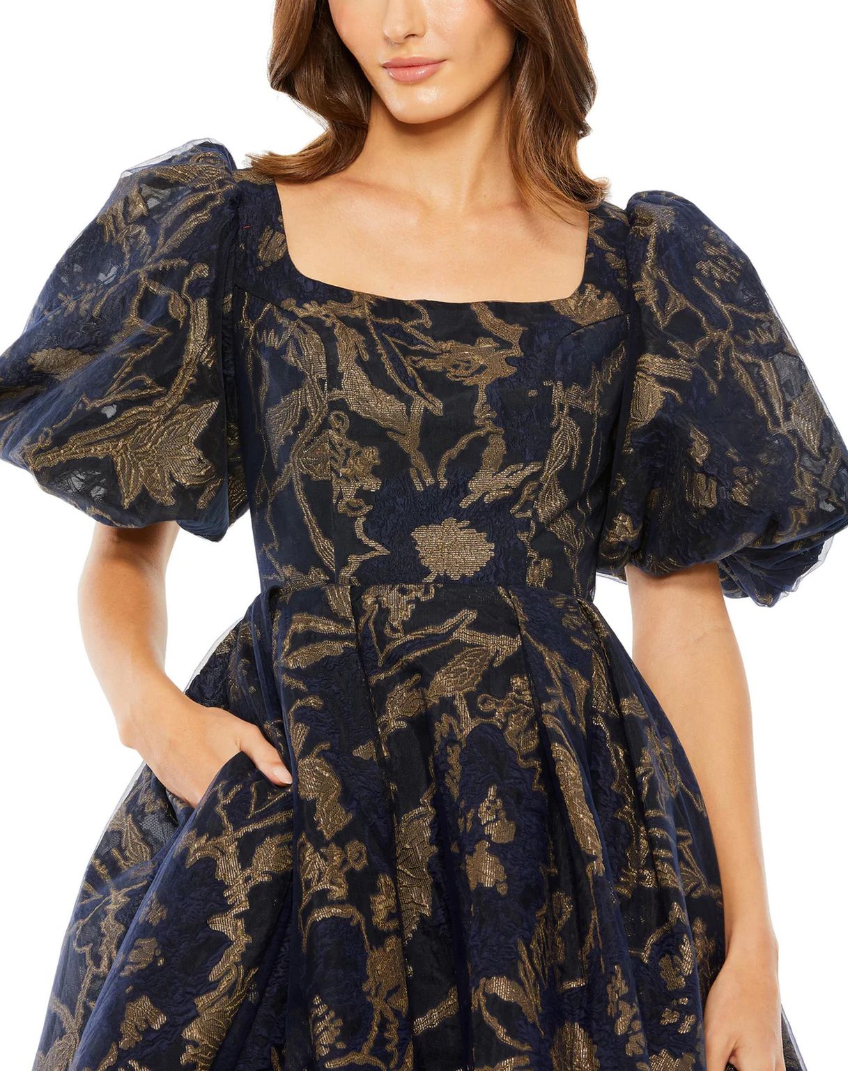 Formal Dresses Puff Sleeve Brocade Pockets Midi Dress Midnight Gold