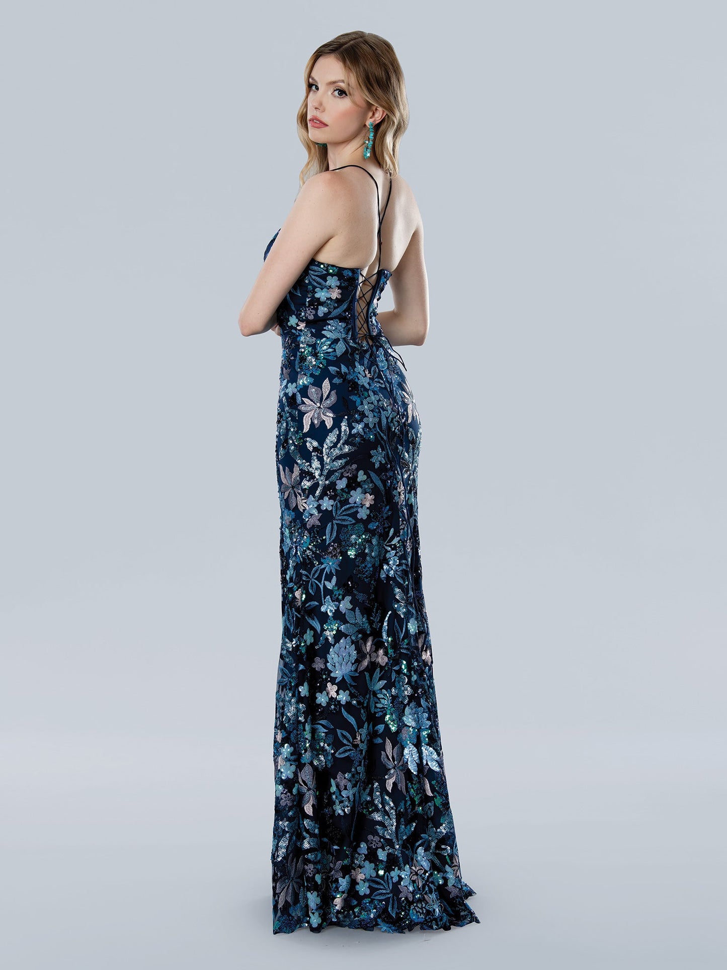 Prom Dresses Long Formal Sequin Floral Print Prom Dress Blue