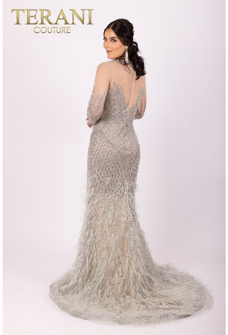 Formal Dresses Long Sleeve Mermaid Beaded Formal Dress Sage Silver