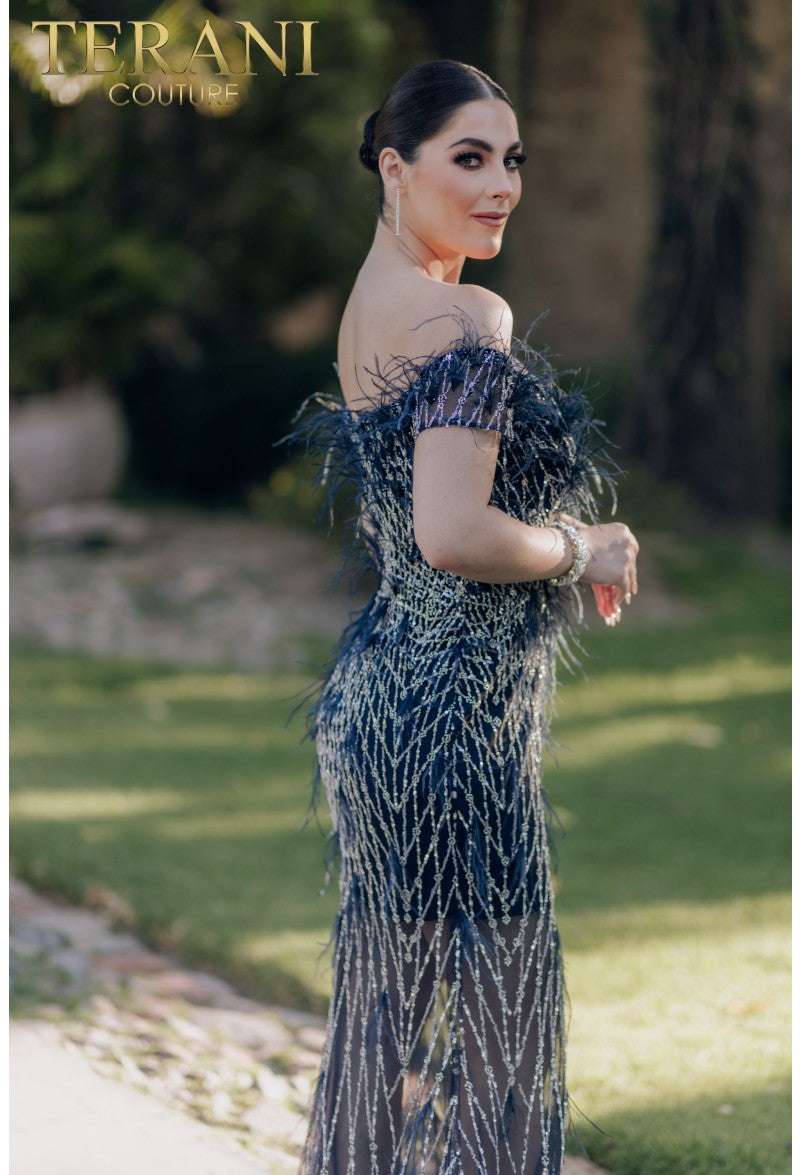 Prom Dresses Long Feather Beaded Formal Prom Dress Navy