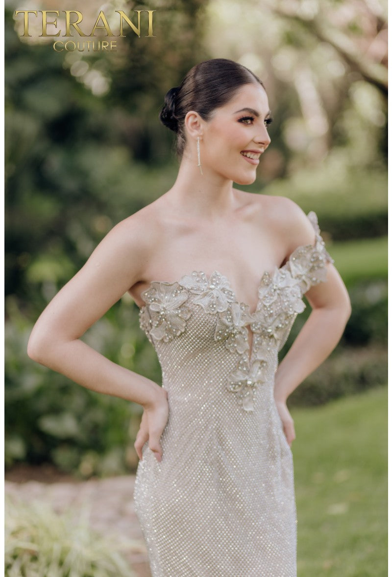 Prom Dresses Long Mermaid Formal Prom 3D Floral Dress Silver Nude