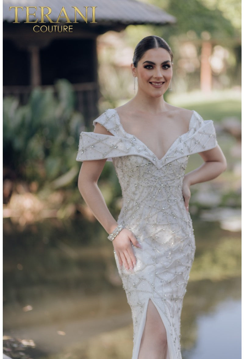 Formal Dresses Long Geometric Beaded Formal Prom Dress Ivory Crystal