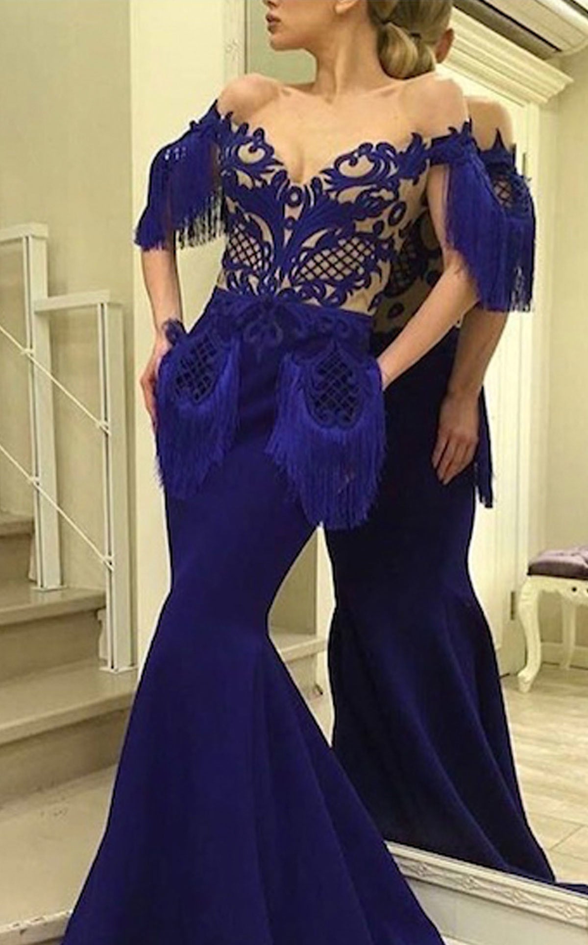 Formal Dresses Long Tiered Ruffle Formal Mermaid Dress Blue