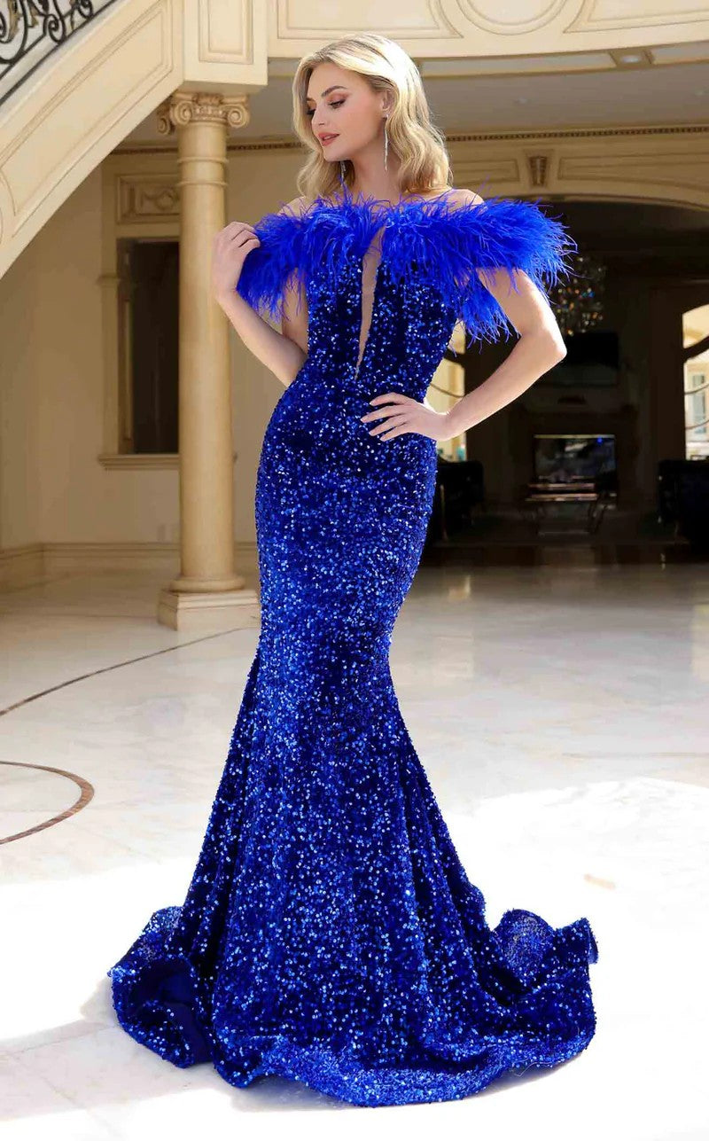 Prom Dresses Sequin Long Mermaid Formal Feather Prom Dress Royal