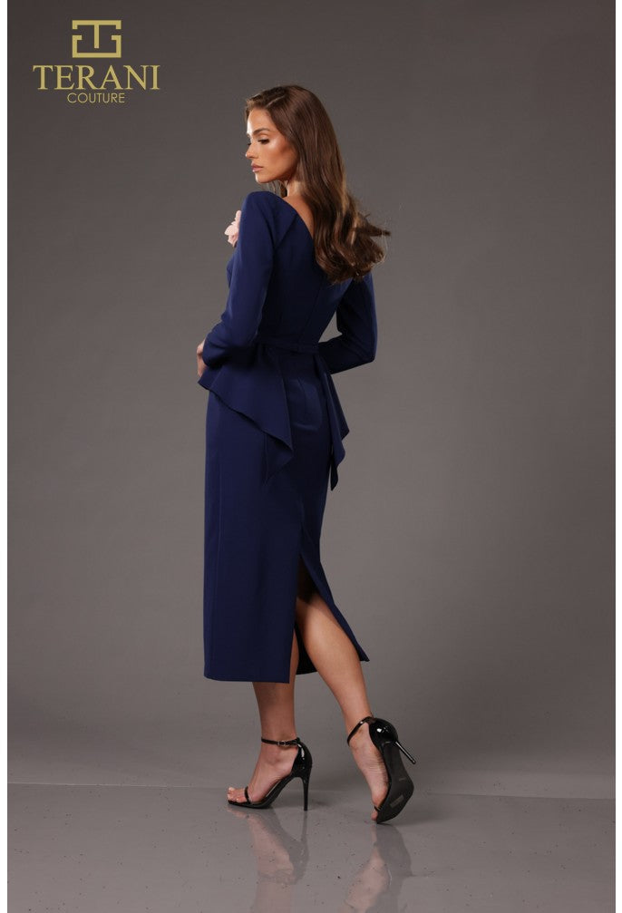 Cocktail Dresses Long Sleeve Ruffled Peplum Cocktail Tea Length Dress Navy Peach