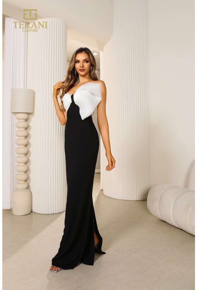Prom Dresses Fitted Long Ribbon Formal Prom Dress Black White