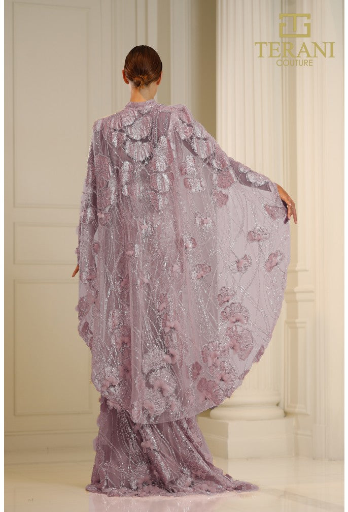 Formal Dresses Fitted Long Formal Beaded 3D Floral Evening cape Dress Mauve