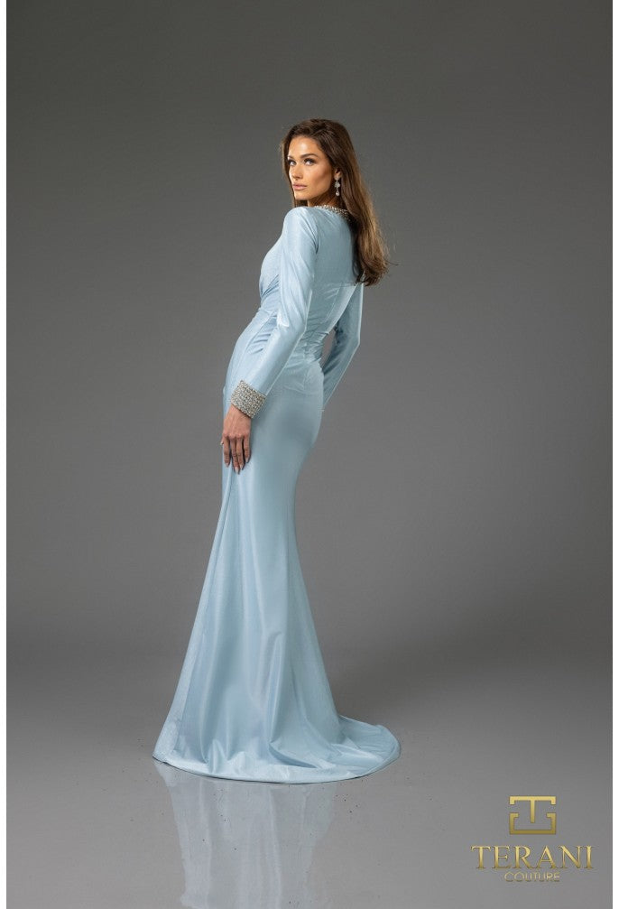 Mother of the Bride Dresses Long Sleeve Formal Metallic Evening Dress Powder Blue