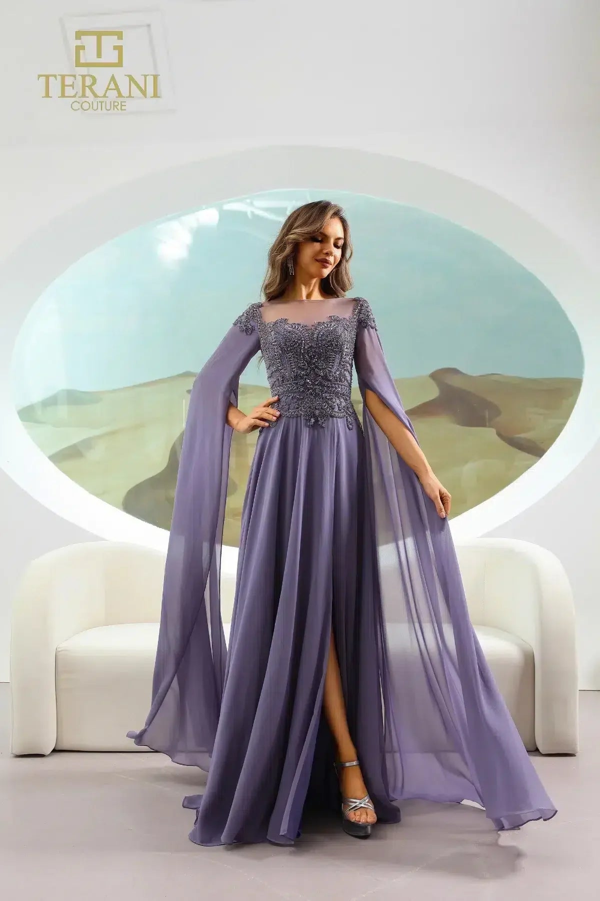 Formal Dresses A Line Long Formal Beaded Cape Evening Dress Blueberry