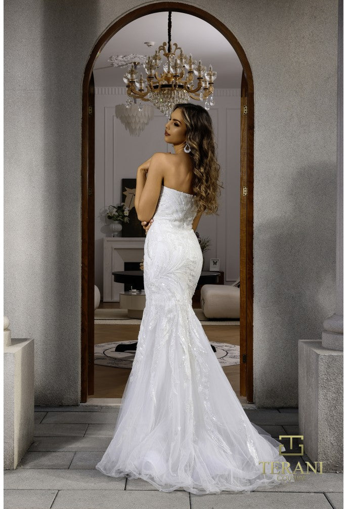 Wedding Dresses Fitted Long Bridal Gown Beaded Prom Dress Ivory