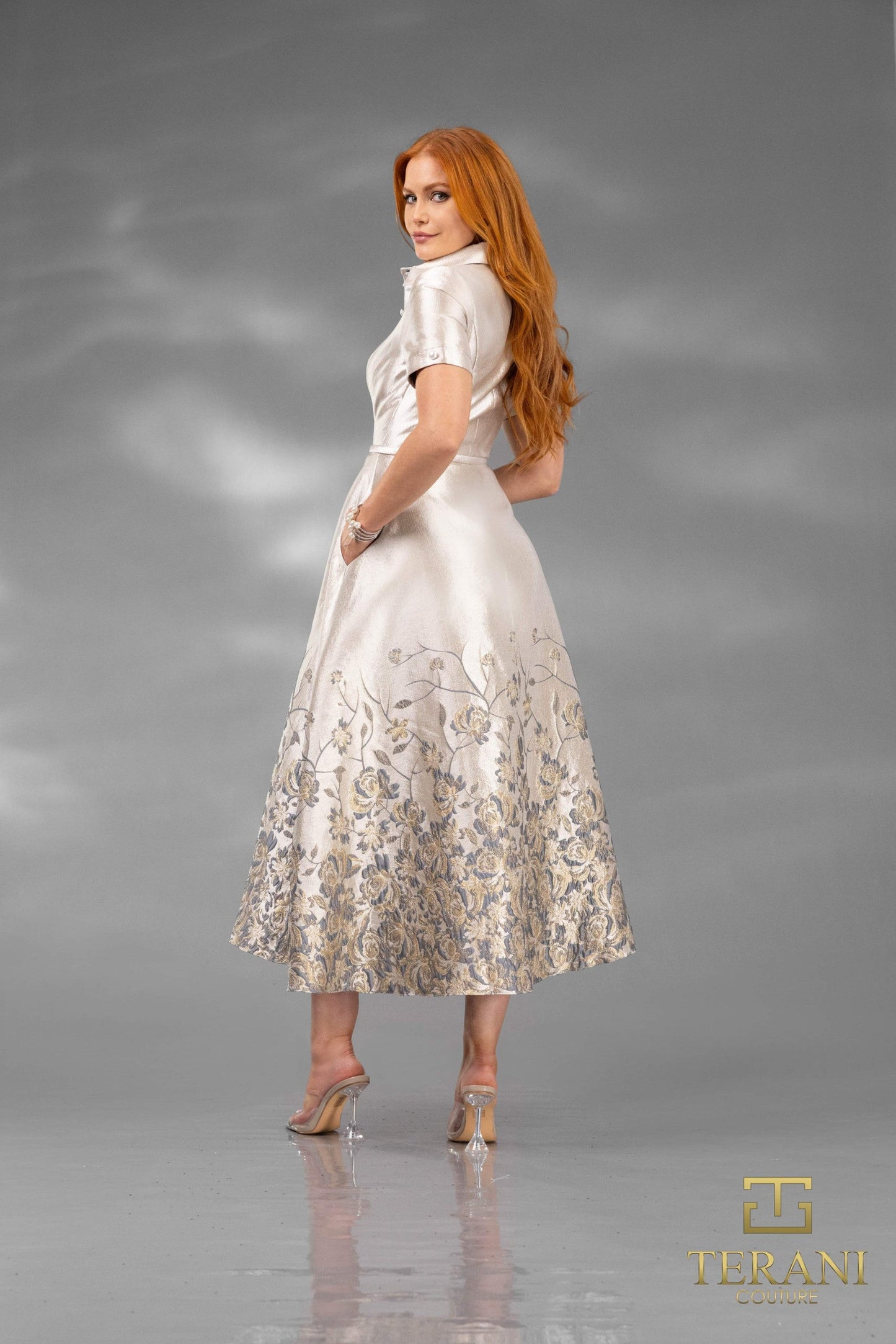 Cocktail Dresses Floral A Line Tea Length Cocktail Dress Silver Brown