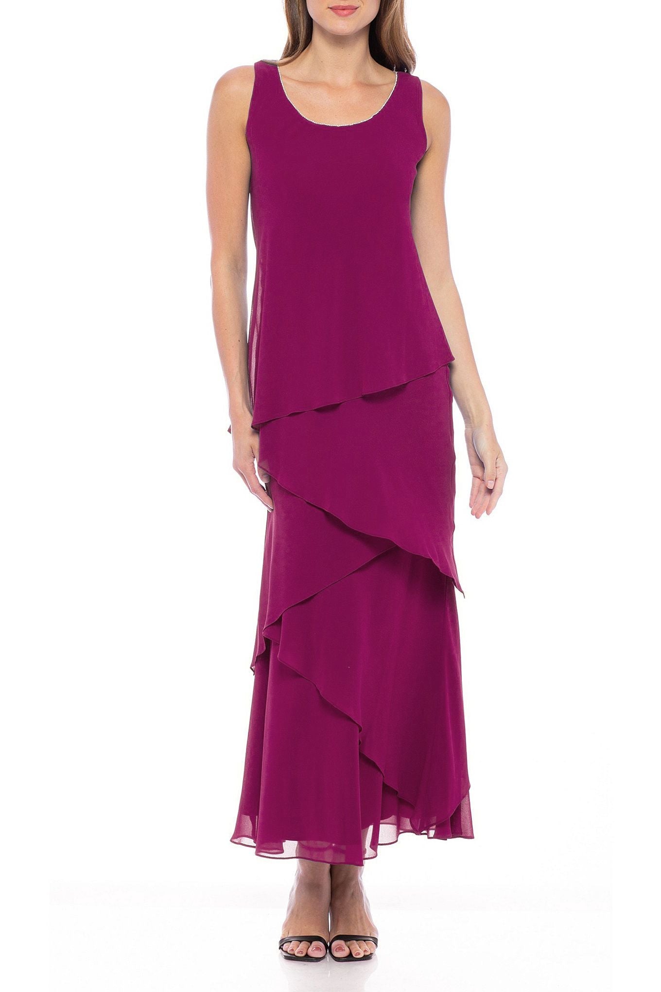 Mother of the Bride Dresses Tiered Solid Chiffon Dress with Matching Jacket Set Fuchsia