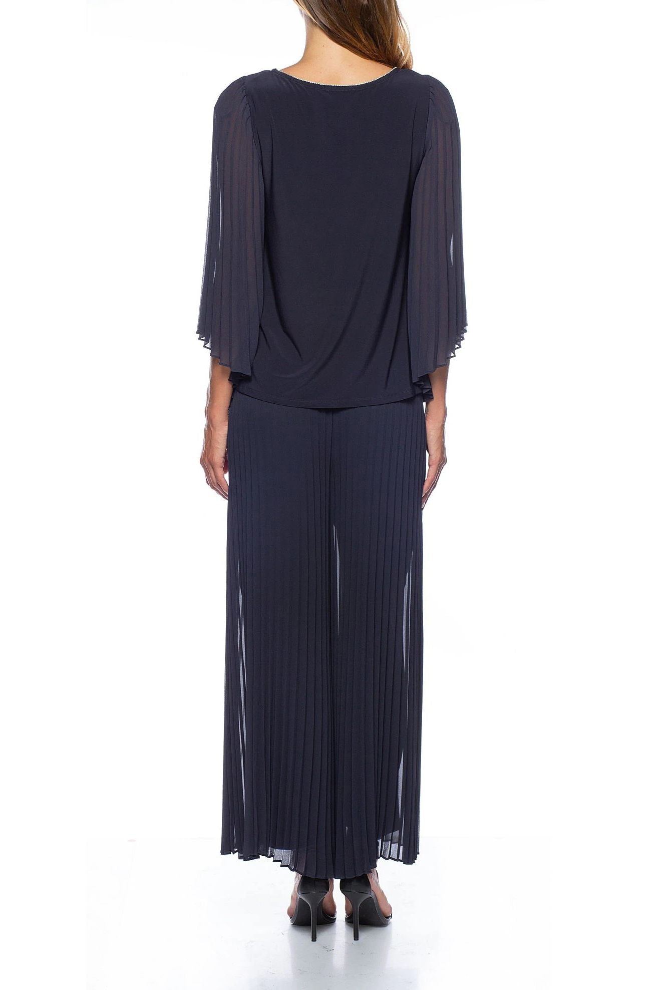 Pant Suit Pleated Chiffon Illusion Wing Sleeve Pant Set Navy