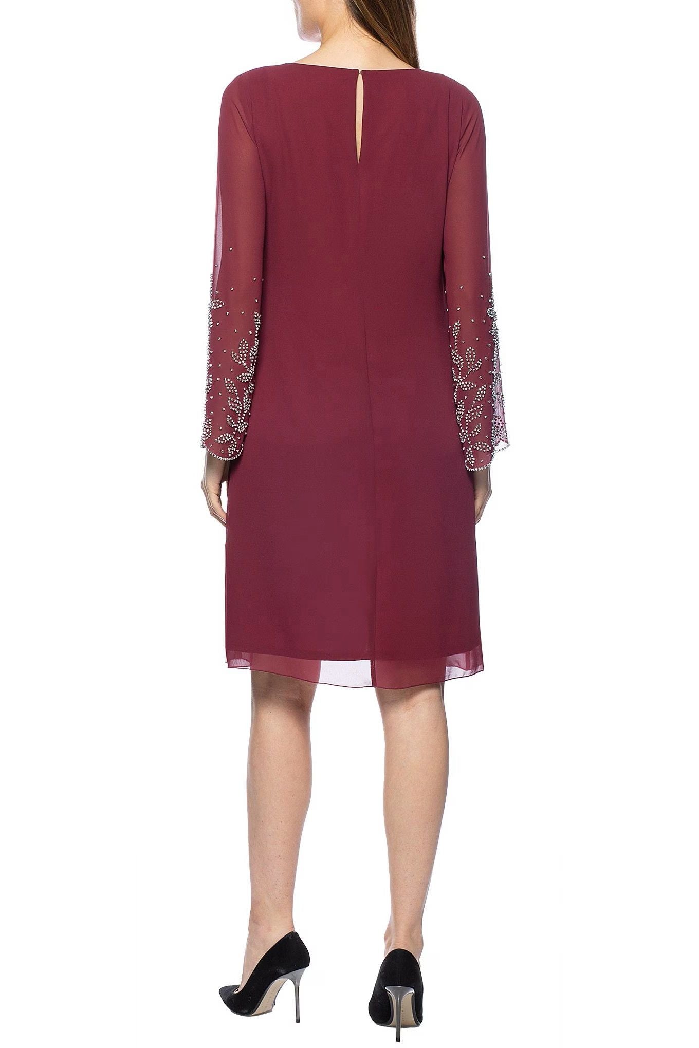 Cocktail Dresses Short Scoop Neck Embellished Sleeve Dress Wine
