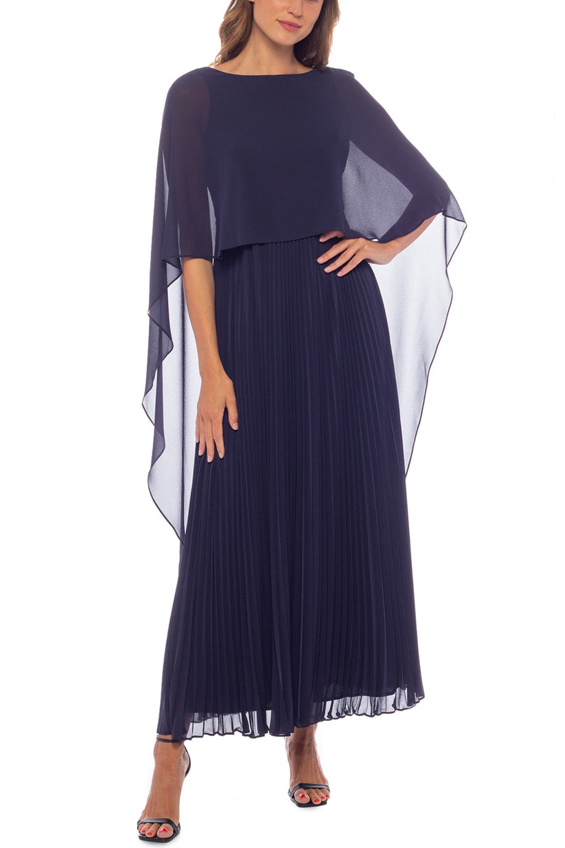 Formal Dresses Long Formal Pleated Capelet Evening Dress Navy