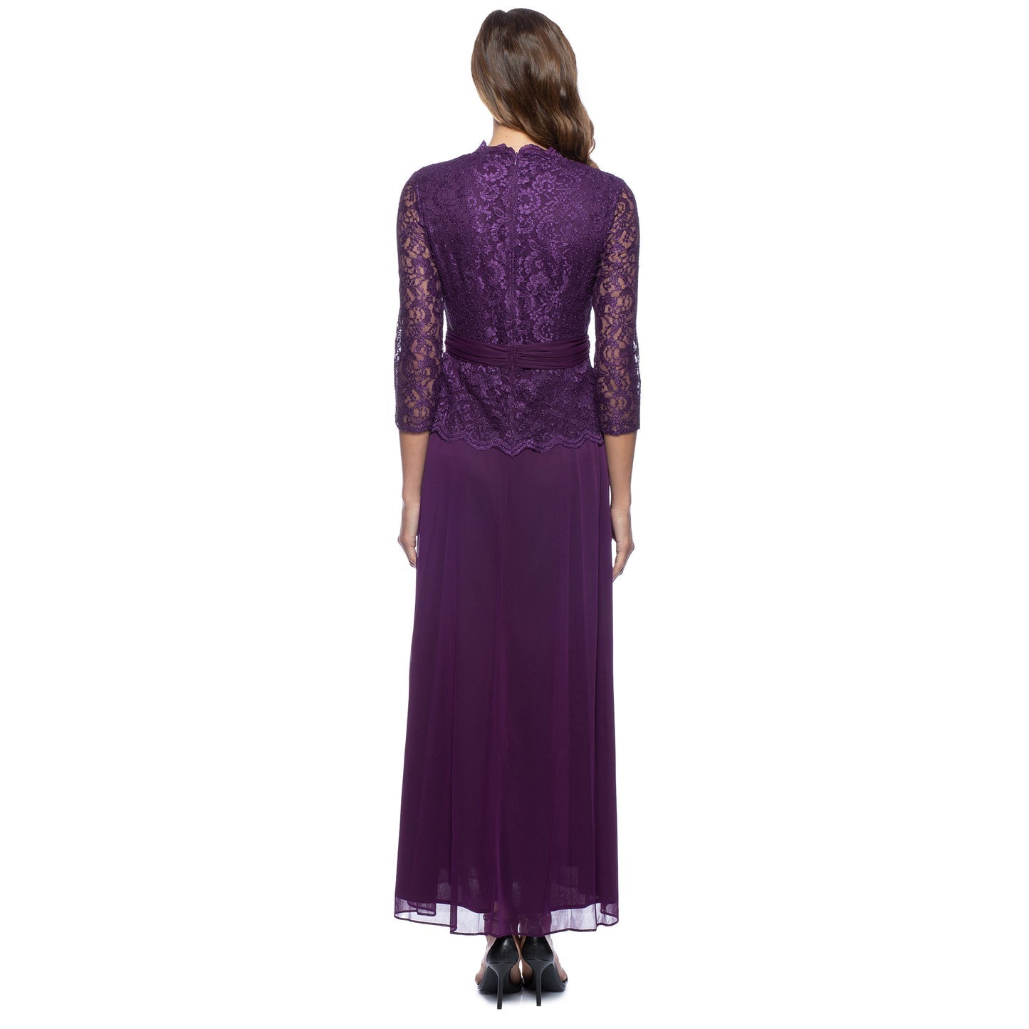 Mother of the Bride Dresses Long 3/4 Sleeve Lace Bodice Formal Dress Eggplant