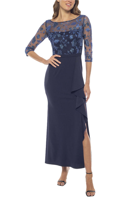 Navy Dresses Ruffle Slit Tea Length Cocktail Dress Periwinkle Navy