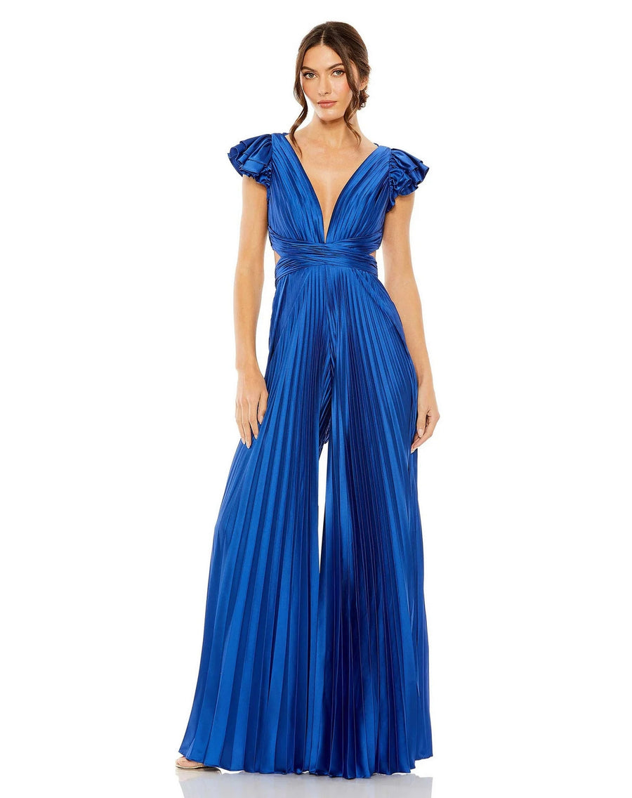 Jumpsuit Ruffle Cap Sleeve Cutout Heat Pleated Jumpsuit Cobalt