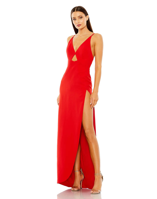 Formal Dresses Long Thin Strap Cutout High Slit V Neck Dress Red