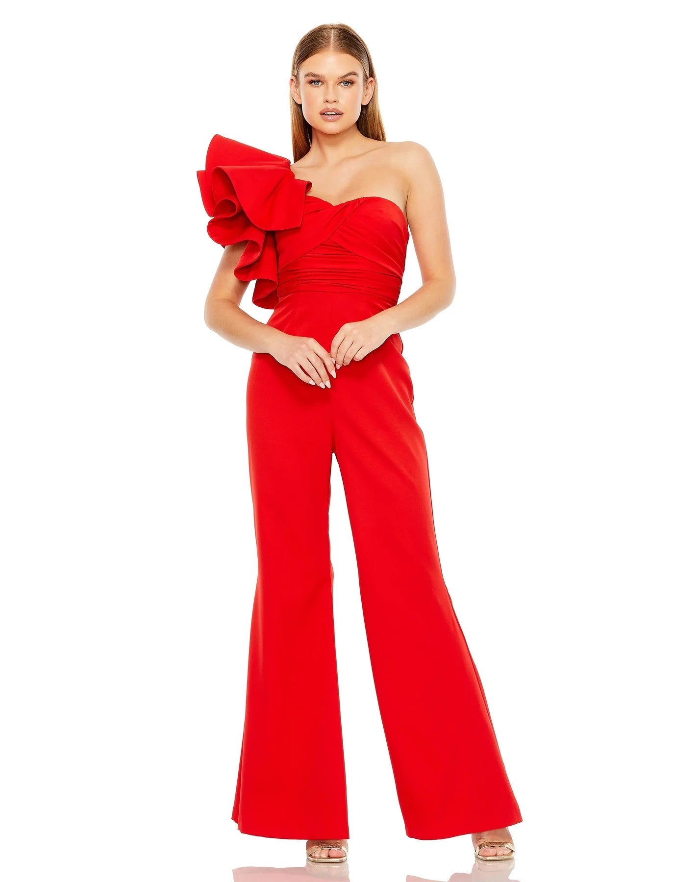 Jumpsuit One Shoulder Ruffle Detail Flare Pant Jumpsuit Red